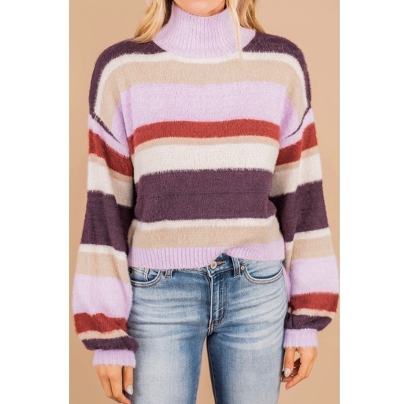 LOUNA Cropped Striped Fuzzy Knit High Mock Neck Long Balloon Sleeves Sweater XL - Picture 4 of 10